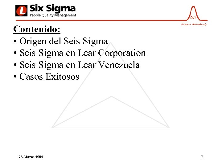 Contenido: • Origen del Seis Sigma • Seis Sigma en Lear Corporation • Seis