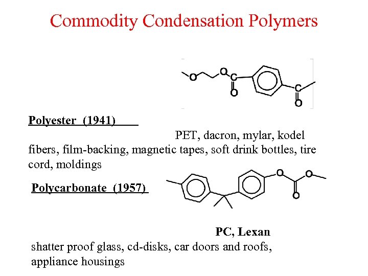 Commodity Condensation Polymers Polyester (1941) PET, dacron, mylar, kodel fibers, film-backing, magnetic tapes, soft