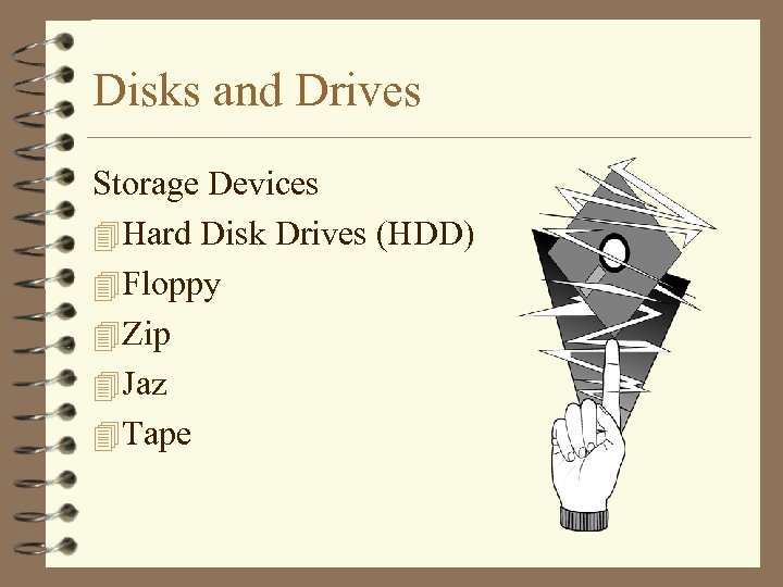 Disks and Drives Storage Devices 4 Hard Disk Drives (HDD) 4 Floppy 4 Zip