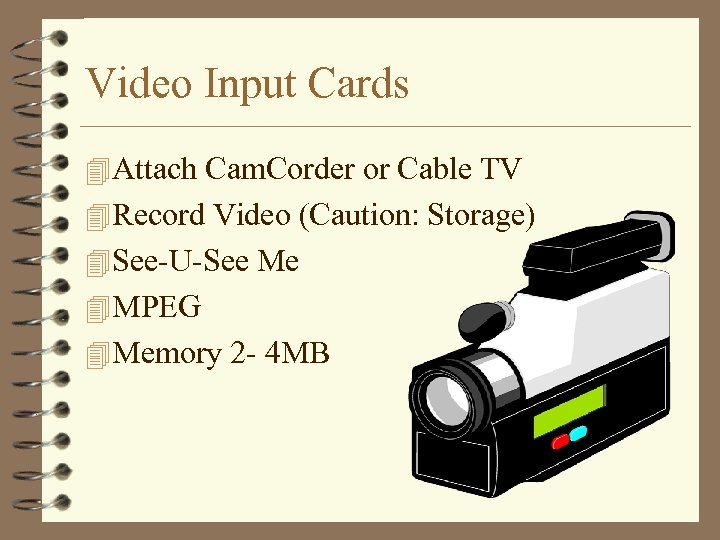 Video Input Cards 4 Attach Cam. Corder or Cable TV 4 Record Video (Caution: