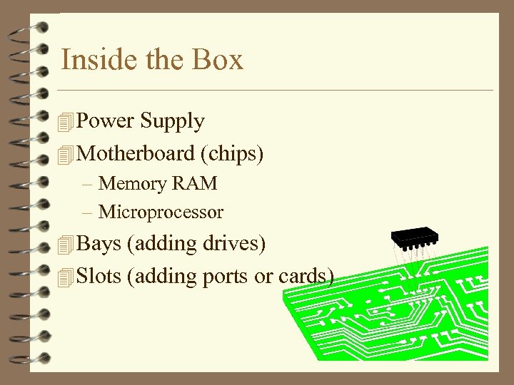 Inside the Box 4 Power Supply 4 Motherboard (chips) – Memory RAM – Microprocessor