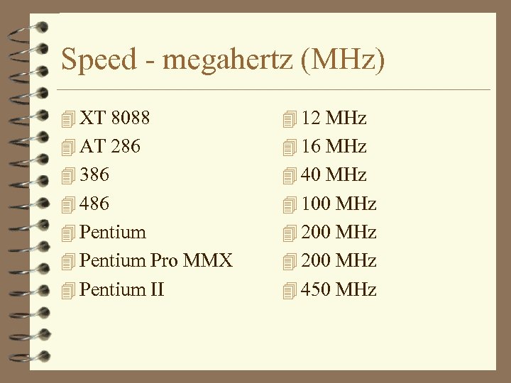 Speed - megahertz (MHz) 4 XT 8088 4 12 MHz 4 AT 286 4