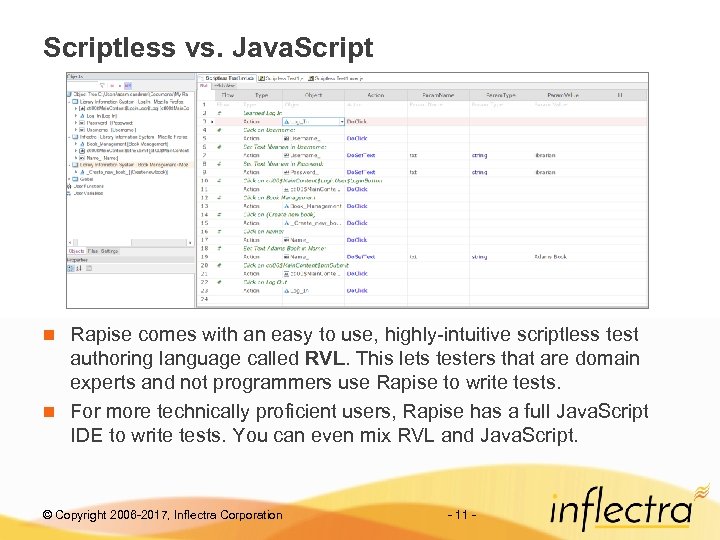 Scriptless vs. Java. Script Rapise comes with an easy to use, highly-intuitive scriptless test