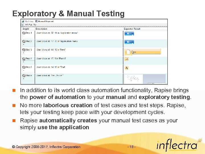 Exploratory & Manual Testing In addition to its world class automation functionality, Rapise brings