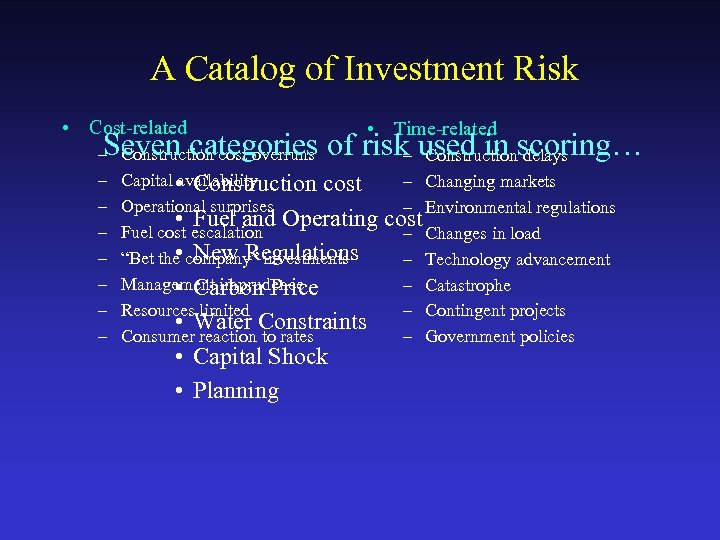 A Catalog of Investment Risk • Cost-related • Time-related Seven categories of risk used
