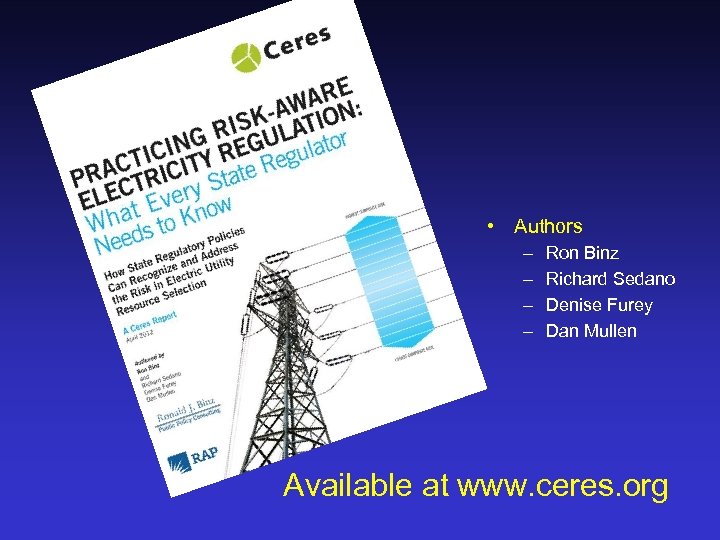  • Authors – – Ron Binz Richard Sedano Denise Furey Dan Mullen Available