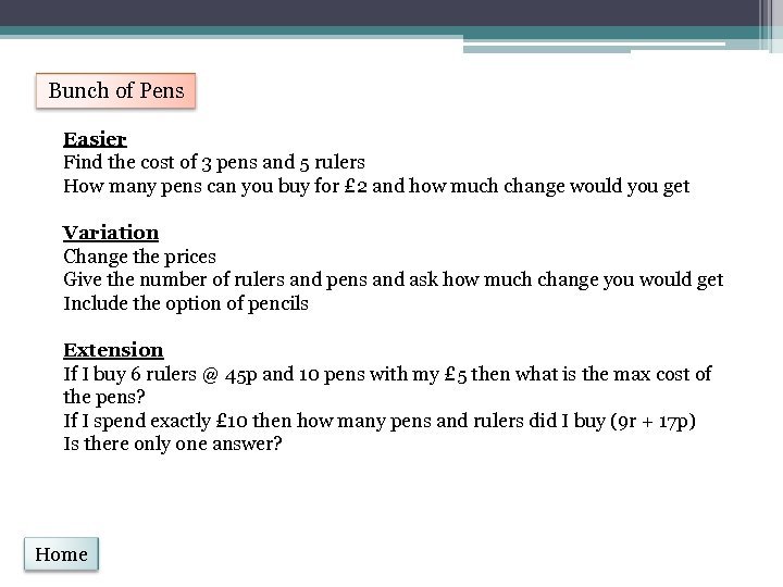 Bunch of Pens Easier Find the cost of 3 pens and 5 rulers How