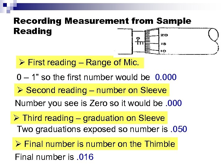 Recording Measurement from Sample Reading Ø First reading – Range of Mic. 0 –