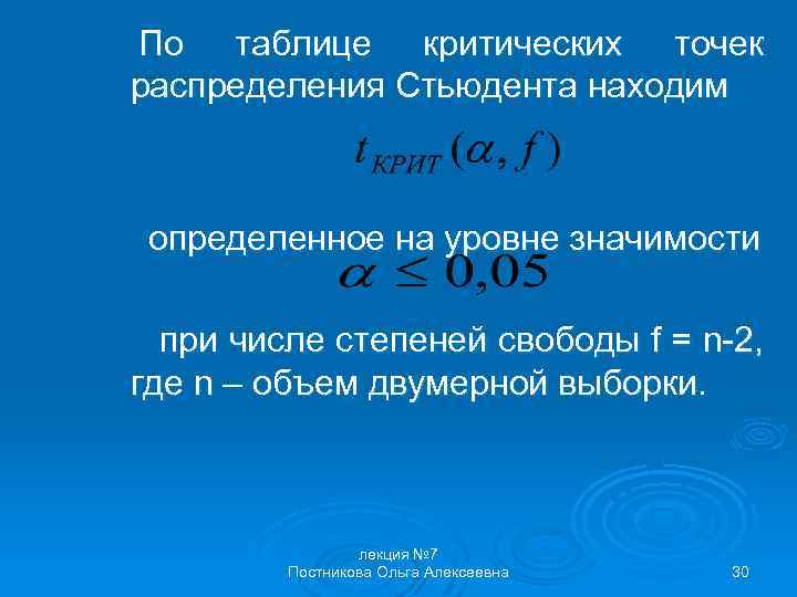 По таблице критических точек распределения Стьюдента находим определенное на уровне значимости при числе степеней