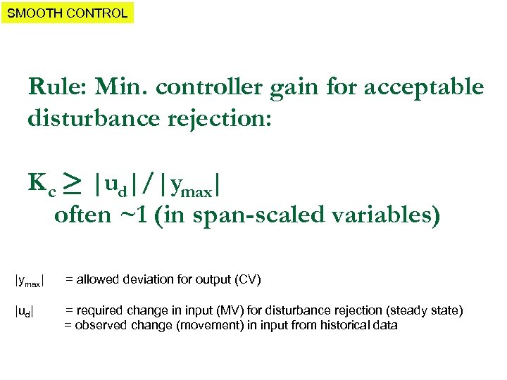 SMOOTH CONTROL Rule: Min. controller gain for acceptable disturbance rejection: K c ¸ |ud|/|ymax|