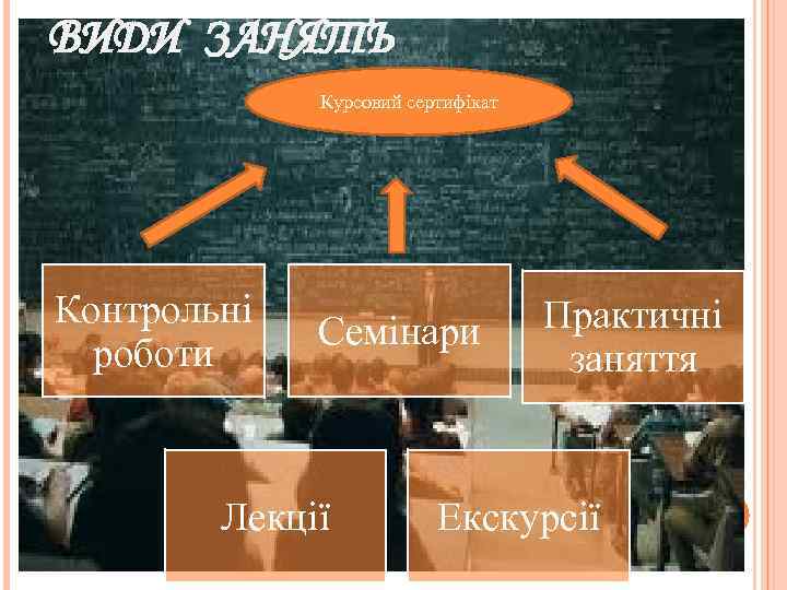 ВИДИ ЗАНЯТЬ Курсовий сертифікат Контрольні роботи Семінари Лекції Практичні заняття Екскурсії 