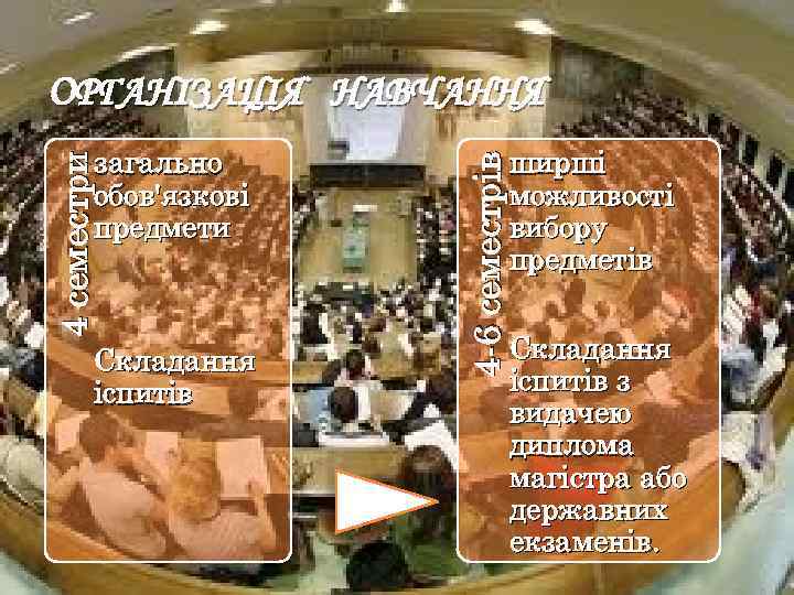 4 семестри загально обов'язкові предмети Складання іспитів 4 -6 семестрів ОРГАНІЗАЦІЯ НАВЧАННЯ ширші можливості