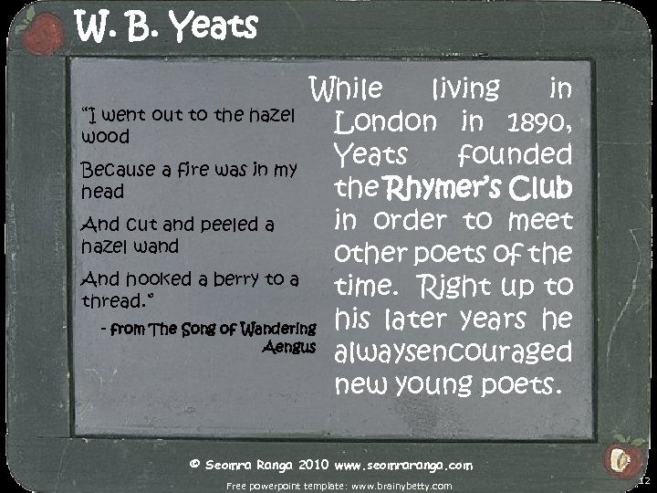 W. B. Yeats While living in “I went out to the hazel London in