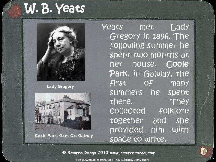 W. B. Yeats Lady Gregory Coole Park, Gort, Co. Galway Yeats met Lady Gregory