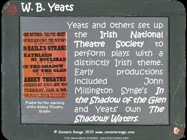 W. B. Yeats and others set up the Irish National Theatre Society to perform