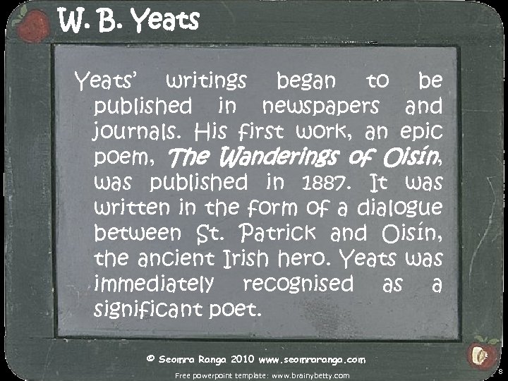 W. B. Yeats’ writings began to be published in newspapers and journals. His first