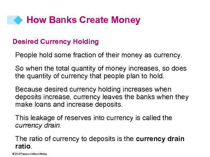 How Banks Create Money Desired Currency Holding People hold some fraction of their money