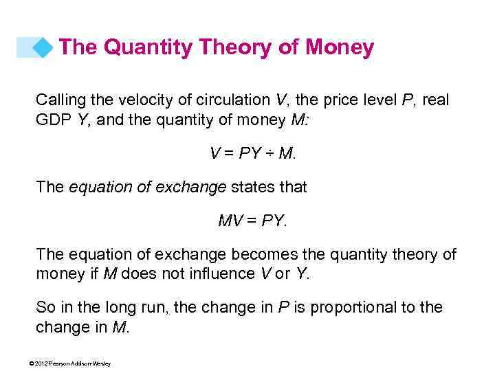 The Quantity Theory of Money Calling the velocity of circulation V, the price level