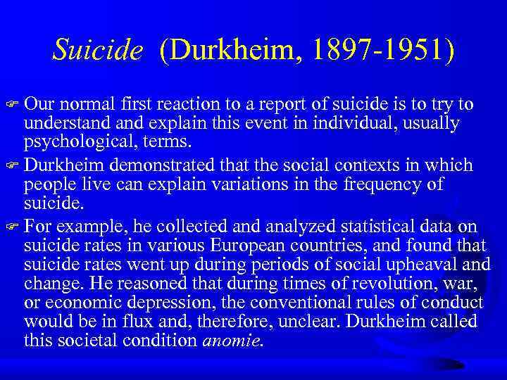 Suicide (Durkheim, 1897 -1951) Our normal first reaction to a report of suicide is
