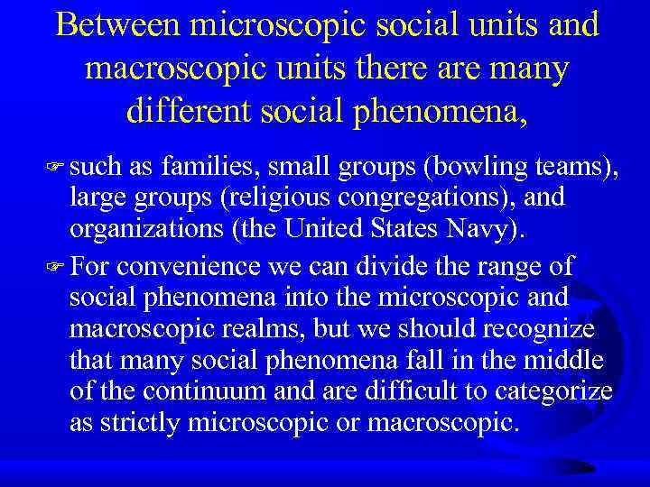 Between microscopic social units and macroscopic units there are many different social phenomena, F