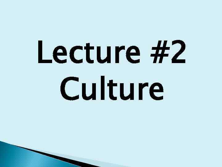 Lecture #2 Culture 