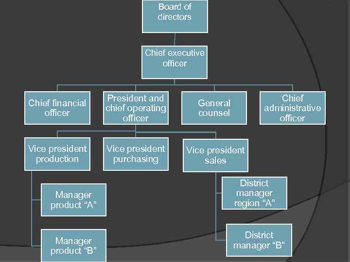 Board of directors Chief executive officer Chief financial officer President and chief operating officer