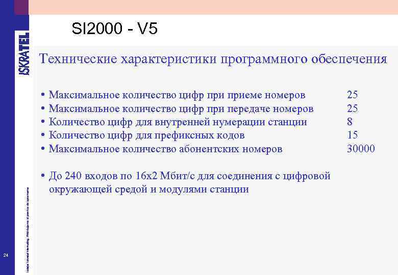 SI 2000 - V 5 Технические характеристики программного обеспечения 24 Izdaja: Iskratel Marketing. Pridržujemo