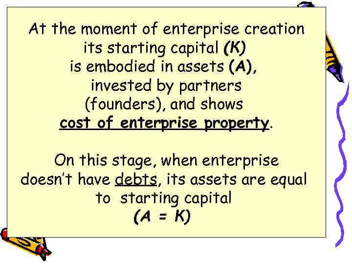 At the moment of enterprise creation its starting capital (К) is embodied in assets