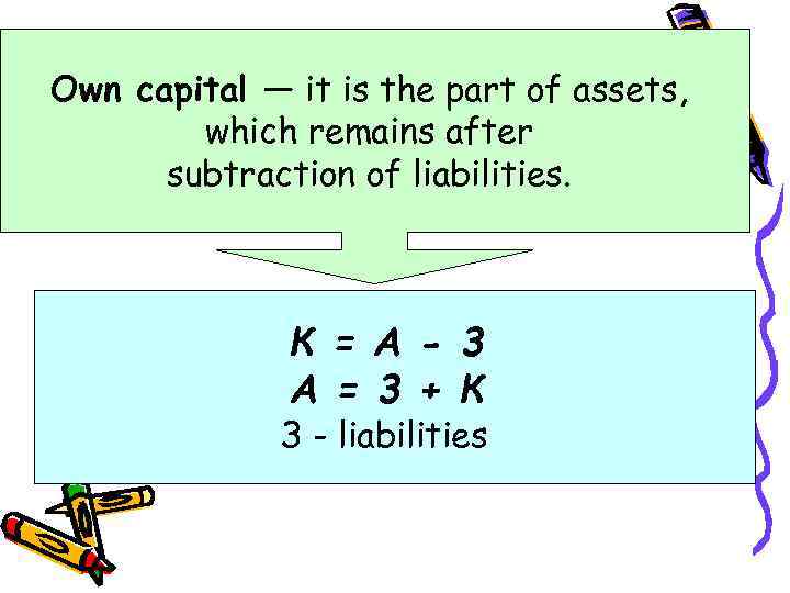 Own capital — it is the part of assets, which remains after subtraction of