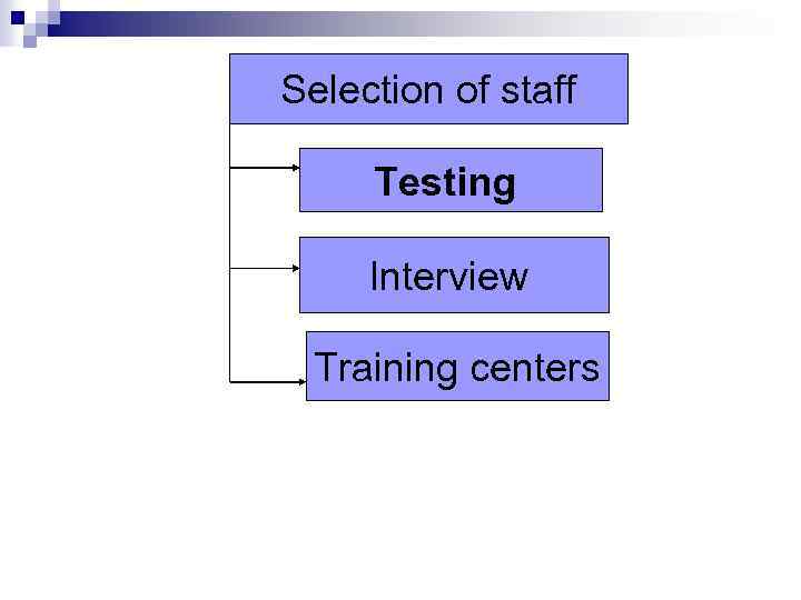 Selection of staff Testing Interview Training centers 