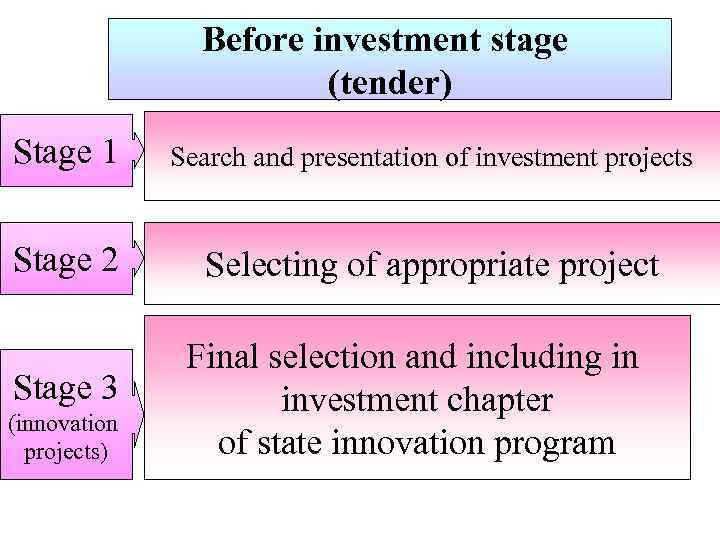 Before investment stage (tender) Stage 1 Search and presentation of investment projects Stage 2