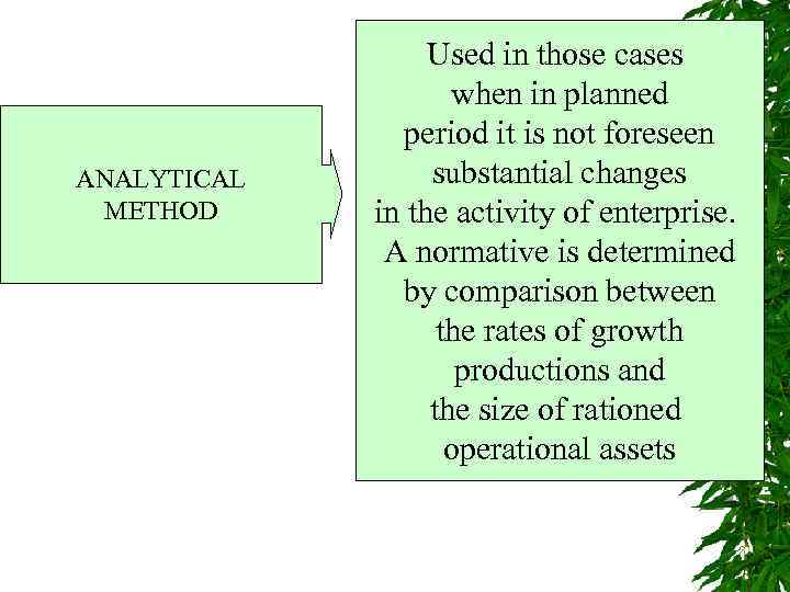 ANALYTICAL METHOD Used in those cases when in planned period it is not foreseen