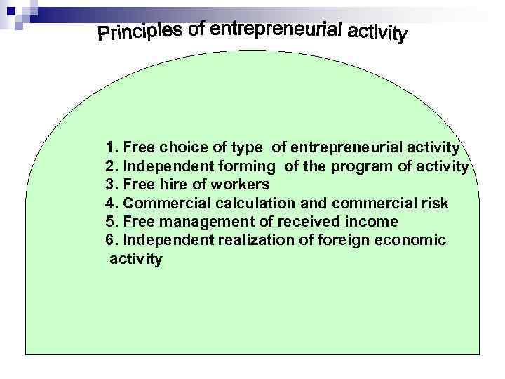 1. Free choice of type of entrepreneurial activity 2. Independent forming of the program