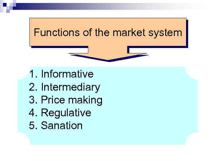 Functions of the market system 1. Informative 2. Intermediary 3. Price making 4. Regulative