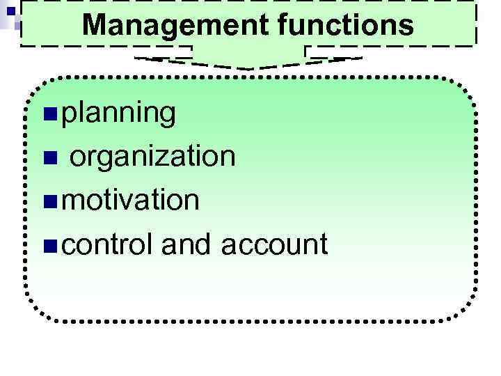 Management functions n planning organization n motivation n control and account n 