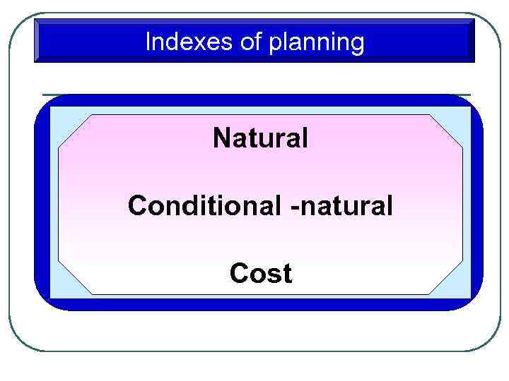 Indexes of planning Natural Conditional -natural Cost 