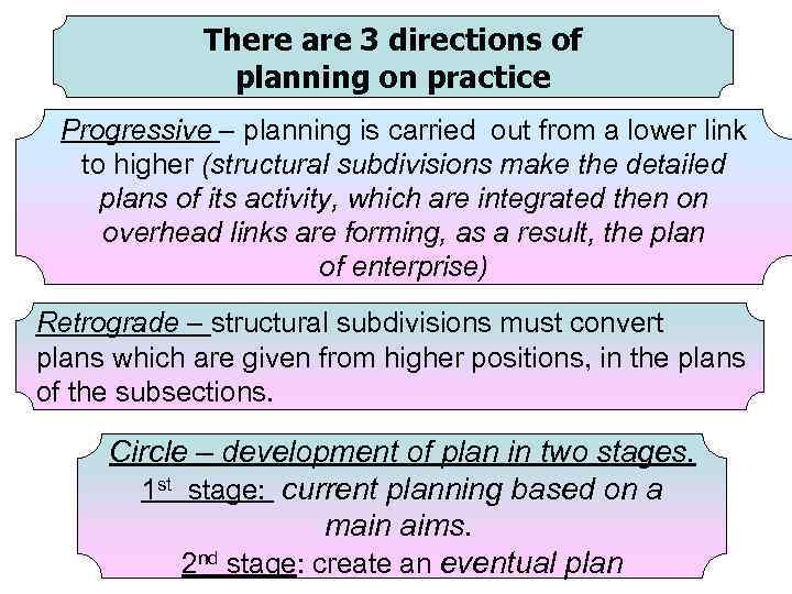 There are 3 directions of planning on practice Progressive – planning is carried out