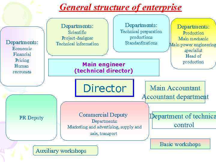 General structure of enterprise Departments: Economic Financial Pricing Human recourses Scientific Project-designer Technical information