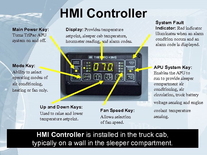 HMI Controller Main Power Key: Turns Tri. Pac APU system on and off. Display: