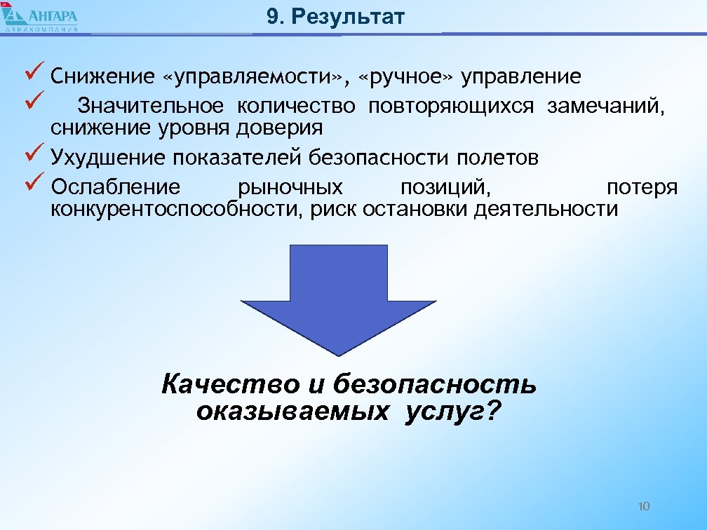 9. Результат ü Снижение «управляемости» , «ручное» управление ü Значительное количество повторяющихся замечаний, снижение