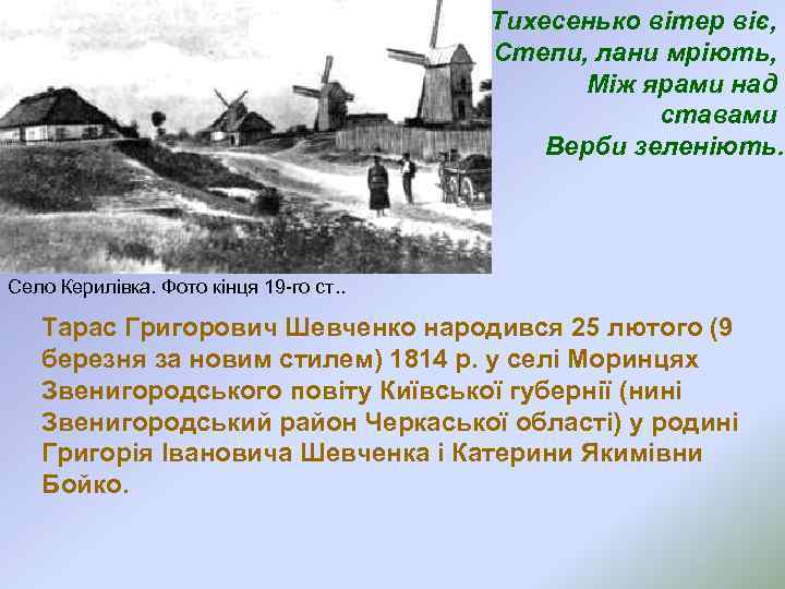 Тихесенько вітер віє, Степи, лани мріють, Між ярами над ставами Верби зеленіють. Село Керилівка.