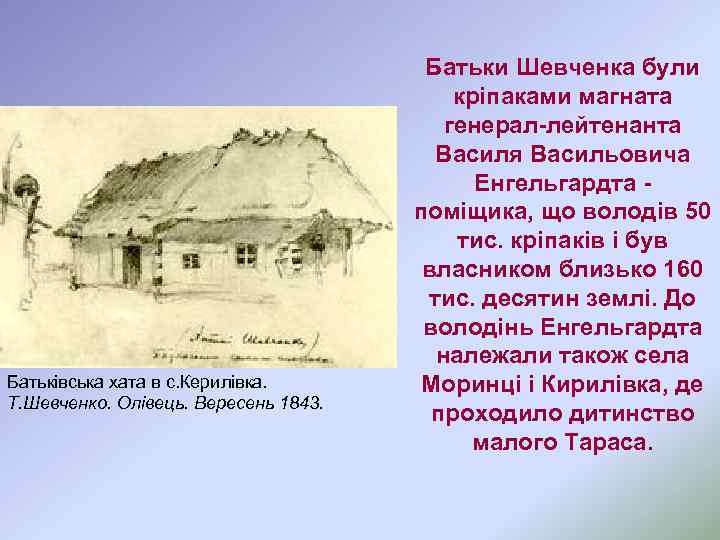 Батьківська хата в с. Керилівка. Т. Шевченкo. Олівець. Вересень 1843. Батьки Шевченка були кріпаками