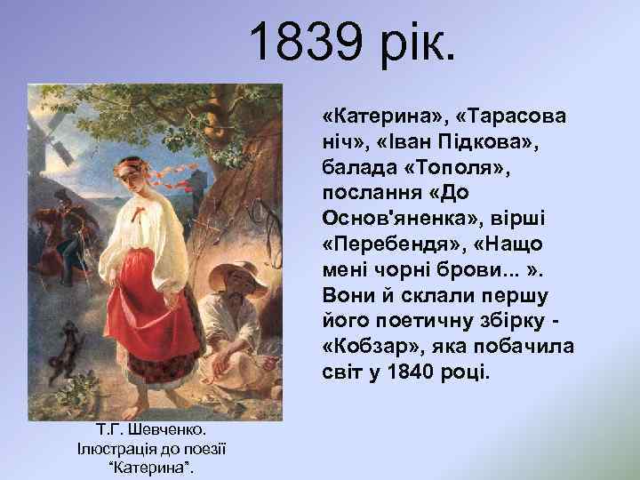 1839 рік. «Катерина» , «Тарасова ніч» , «Іван Підкова» , балада «Тополя» , послання