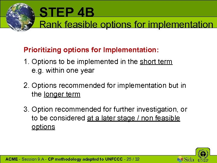 STEP 4 B Rank feasible options for implementation Prioritizing options for Implementation: 1. Options