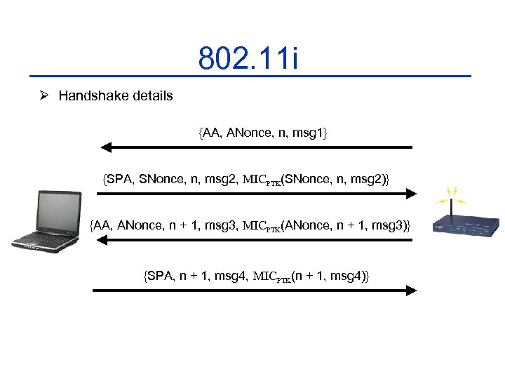 802. 11 i Ø Handshake details {AA, ANonce, n, msg 1} {SPA, SNonce, n,