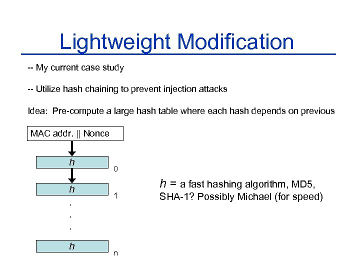 Lightweight Modification -- My current case study -- Utilize hash chaining to prevent injection