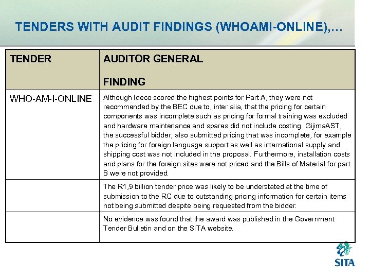 TENDERS WITH AUDIT FINDINGS (WHOAMI-ONLINE), … TENDER AUDITOR GENERAL FINDING WHO AM I ONLINE