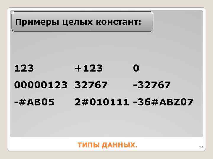 Примеры целых констант: 123 +123 00000123 32767 -#AB 05 0 -32767 2#010111 -36#ABZ 07