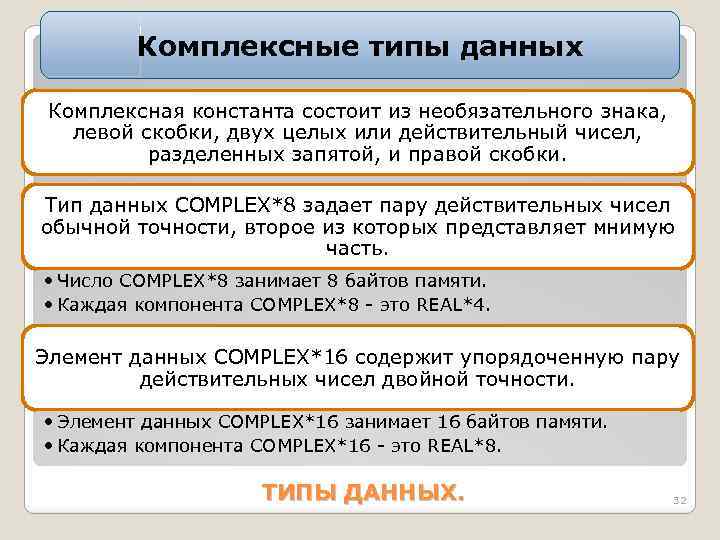 Комплексные типы данных Комплексная константа состоит из необязательного знака, левой скобки, двух целых или