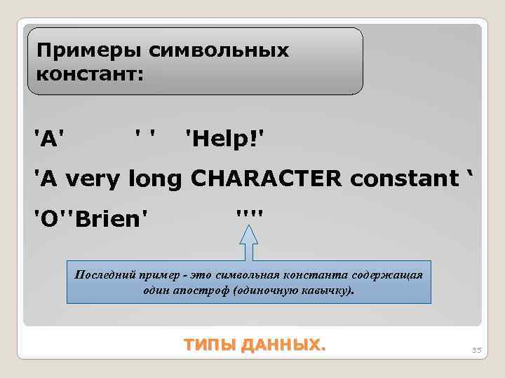 Примеры символьных констант: 'A' '' 'Help!' 'A very long CHARACTER constant ‘ 'O''Brien' ''''